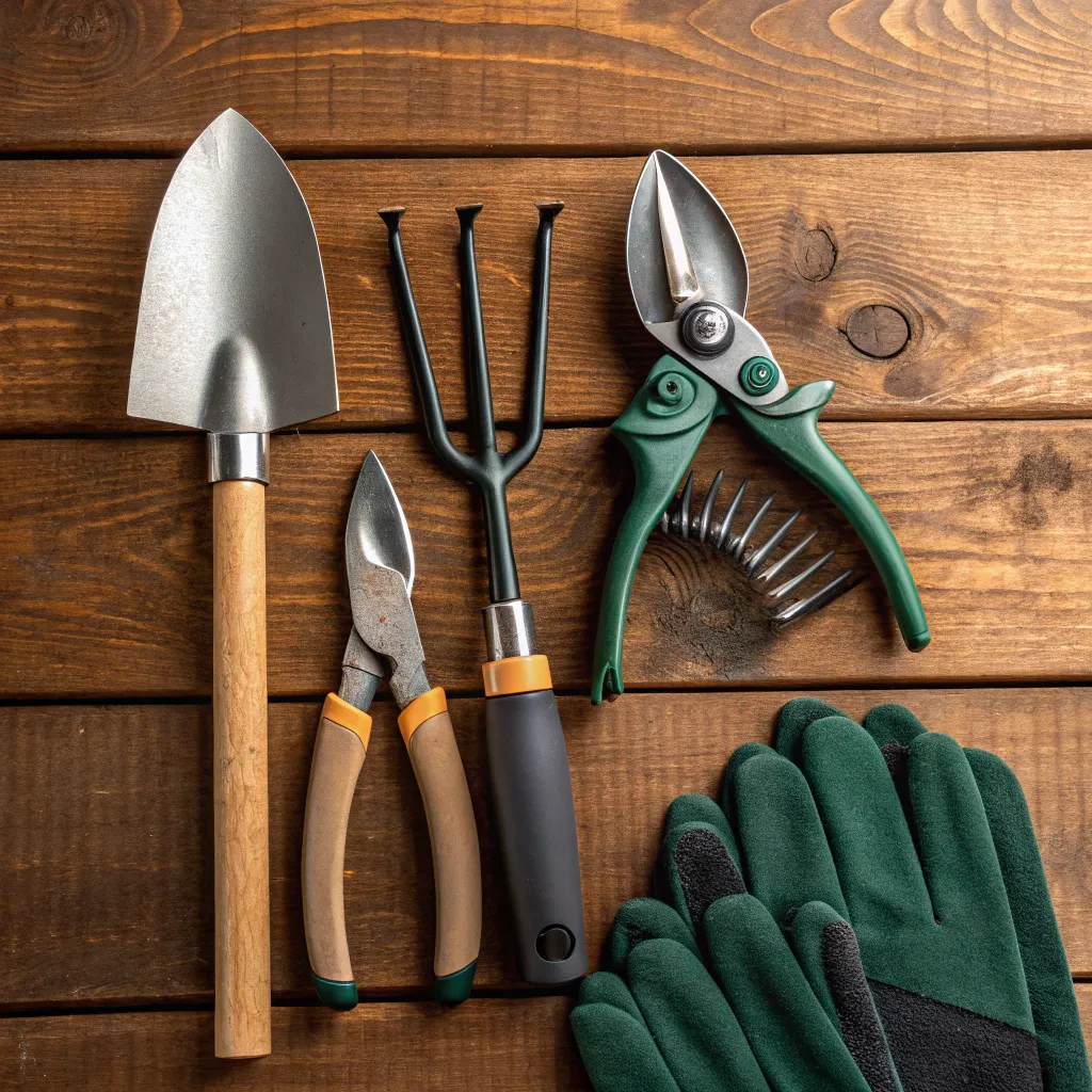 Gardening tools on a wooden table