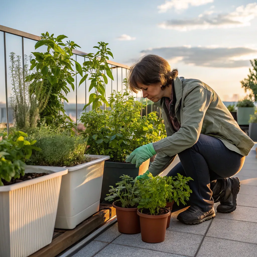 A person inspecting terrace plants